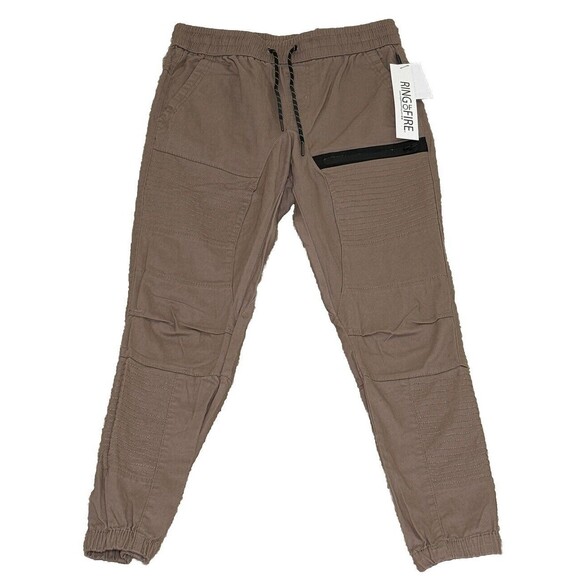 Ring Of Fire Pants Mens Small‎ Tan Khaki Moto Joggers Stretch Preppy Zip - Picture 1 of 7